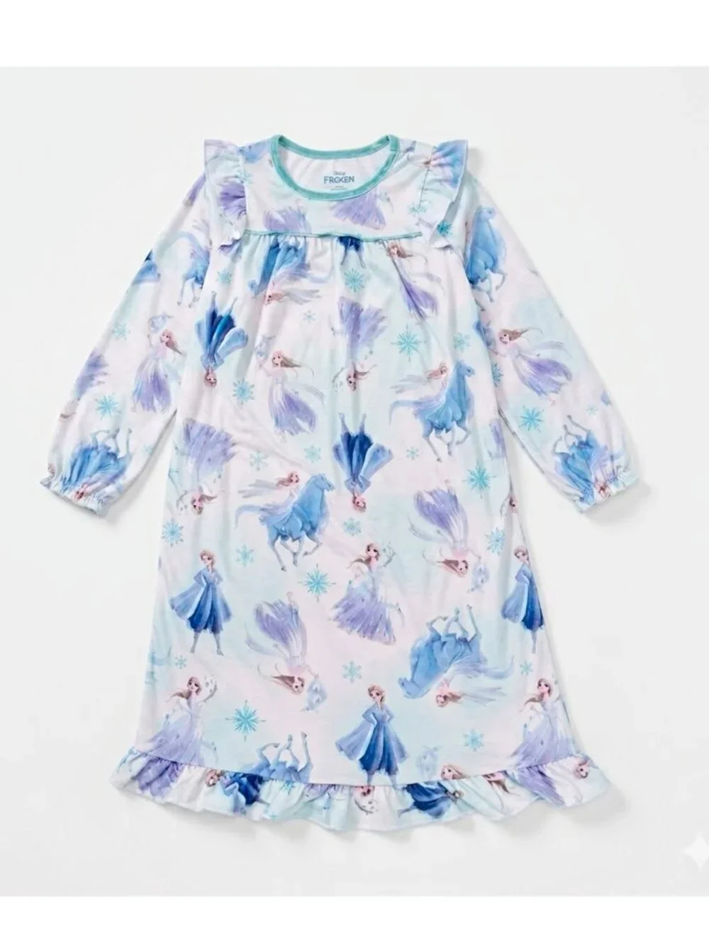 Disney Frozen Elsa Girls Nightgown Pajama XS Blue Ruffle Hem Long Sleeve Sleepwe - Picture 2 of 2